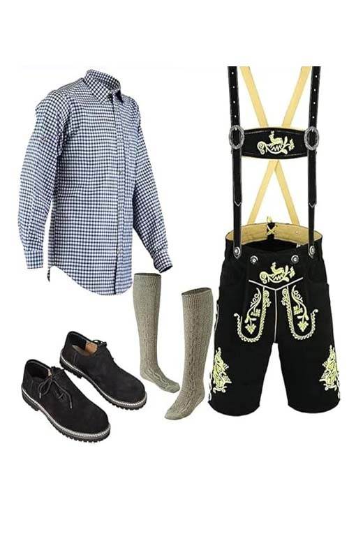 Men's outfit set: check shirt, black embroidered lederhosen, suspenders, socks, shoes