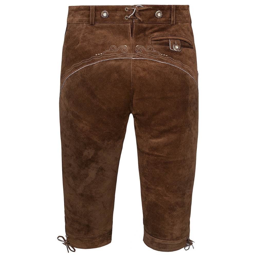 Brown men’s suede lederhosen with center seam and small embroidered motifs