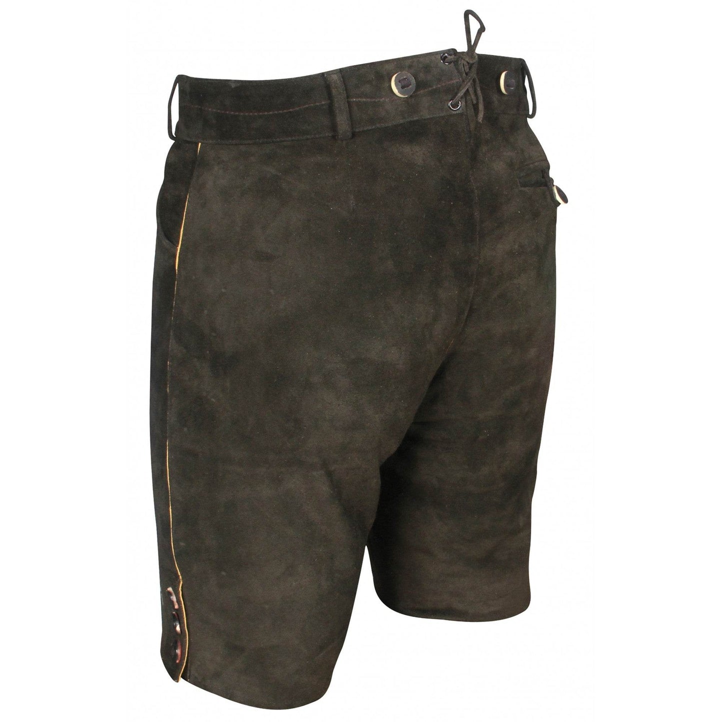 Dark leather lederhosen shorts with side seam pocket and minimal embroidered trim