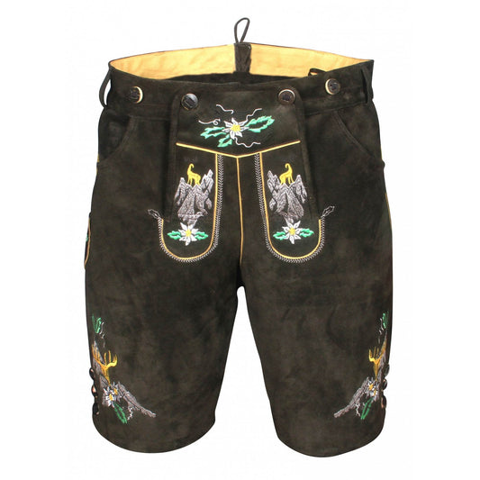 Dark leather lederhosen shorts with embroidered front pocket flaps and metal buttons