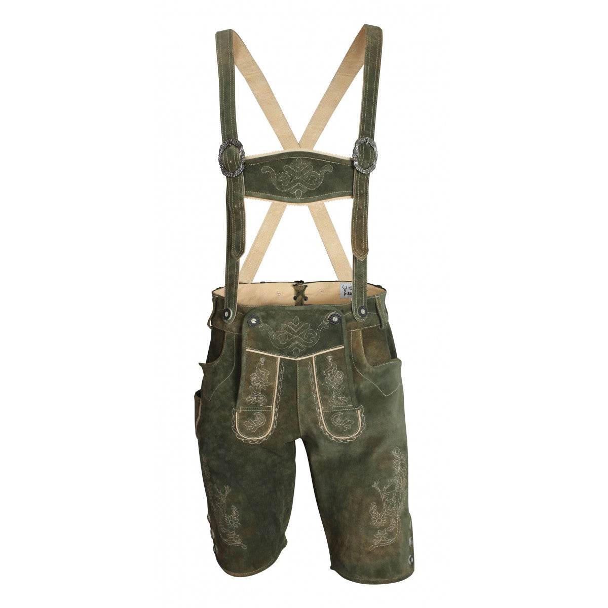 Men's short green lederhosen with suspenders, front pockets, and decorative seams