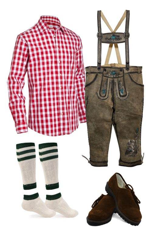 Mens lederhosen set with green-trim socks, brown shoes, red plaid shirt, leather trousers