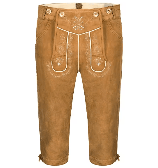 Traditional brown suede lederhosen with decorative apron front and buttoned waistband.