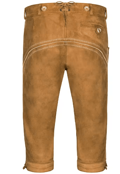 Men's brown suede lederhosen with drawstring waistband and side pocket flaps.