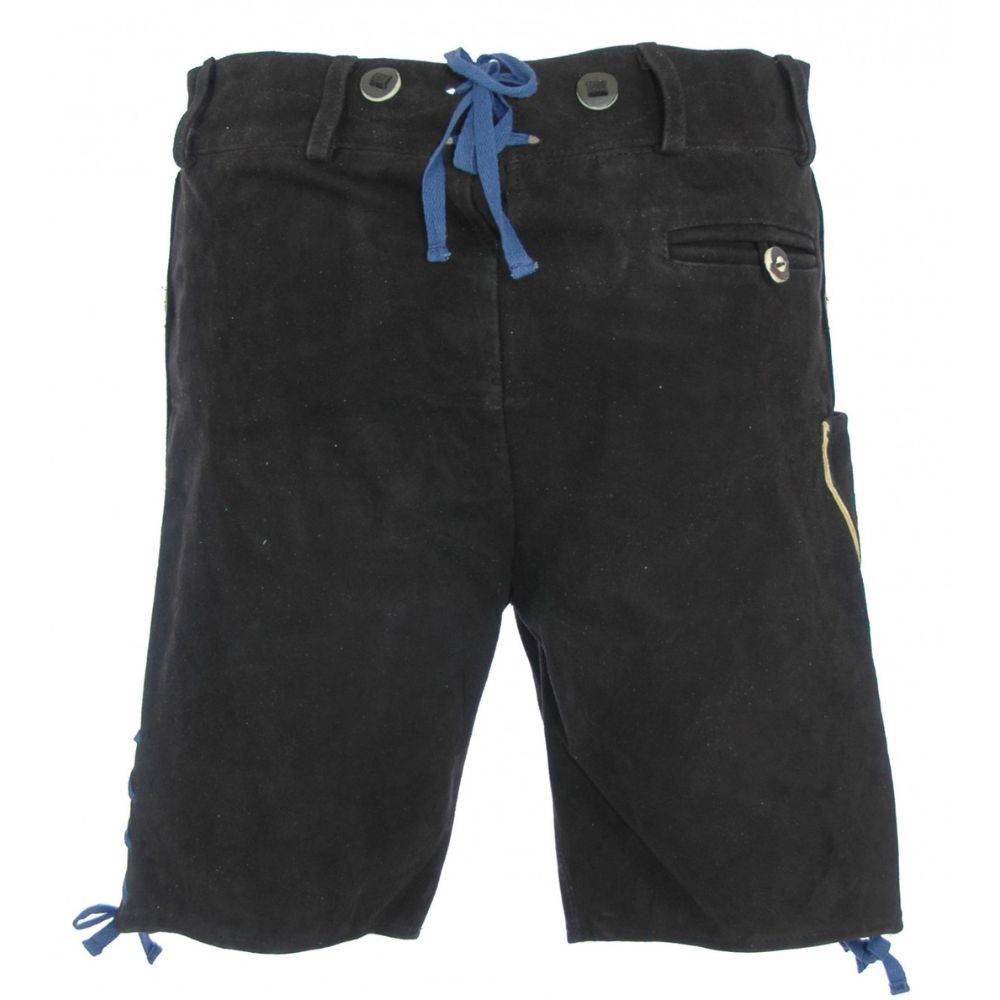 Men's dark suede leather shorts with blue ribbon ties and a small front pocket