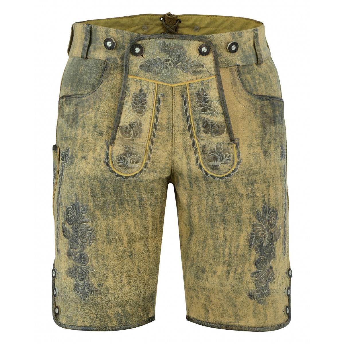 Men's traditional lederhosen with embroidered front pockets, metal buttons, dark