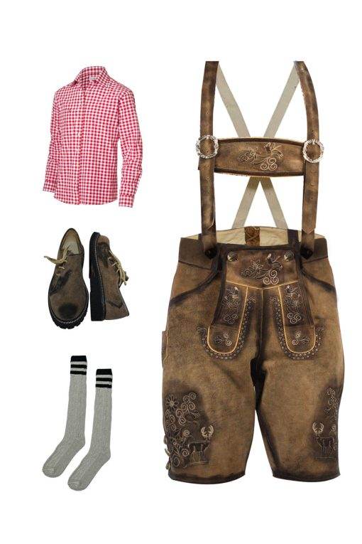 Men's traditional Oktoberfest outfit set: red check shirt, brown leather shorts, socks, shoes