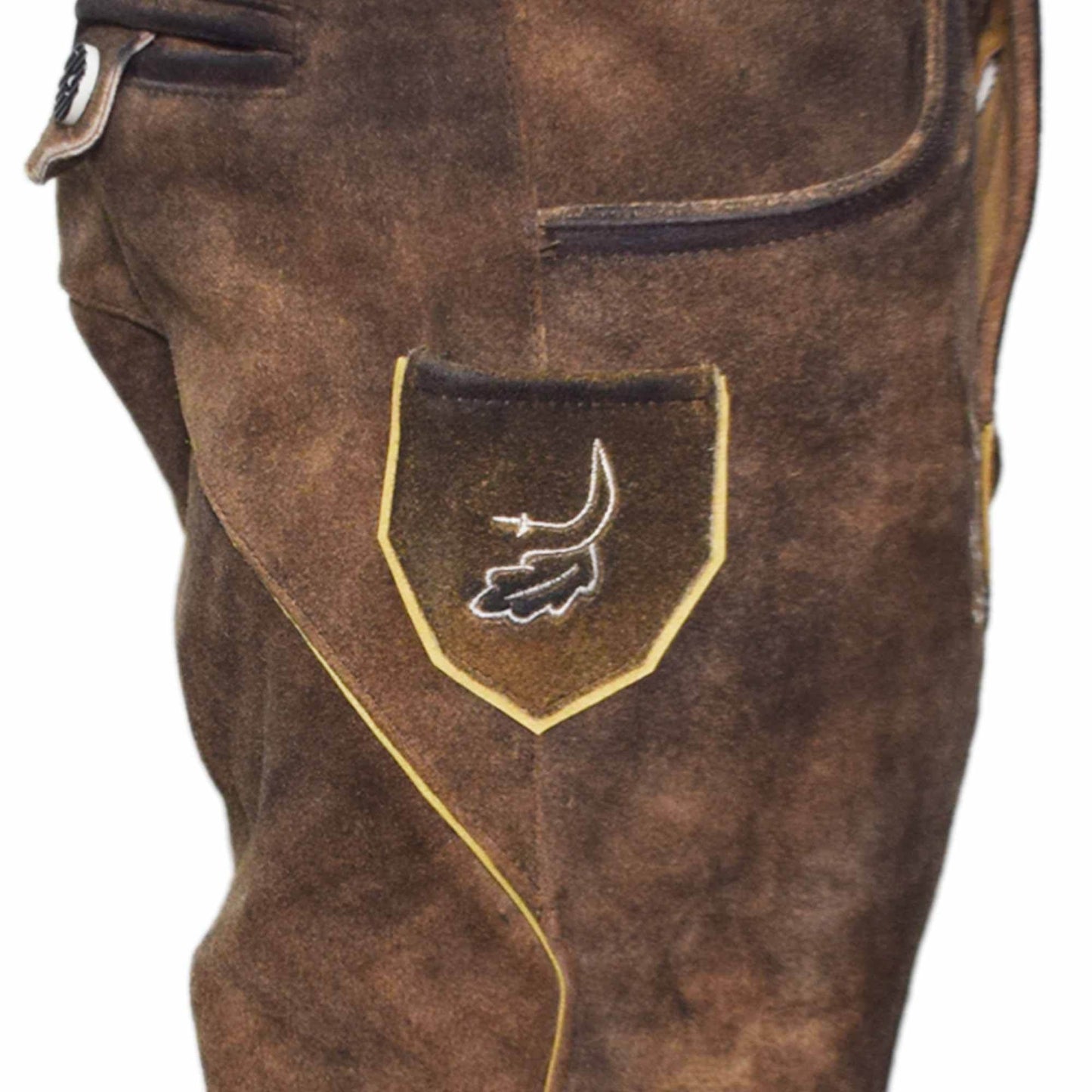Men's brown trachten shorts with side shield embroidery and welt pocket detail