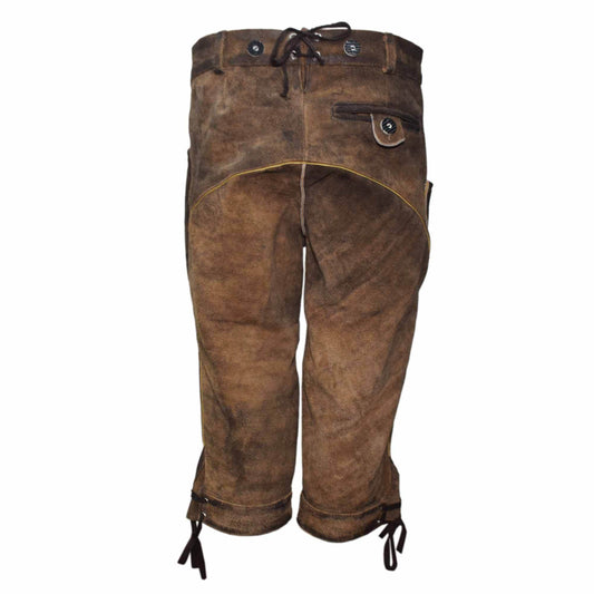 Men's brown trachten shorts with belt loops and black drawstring ties