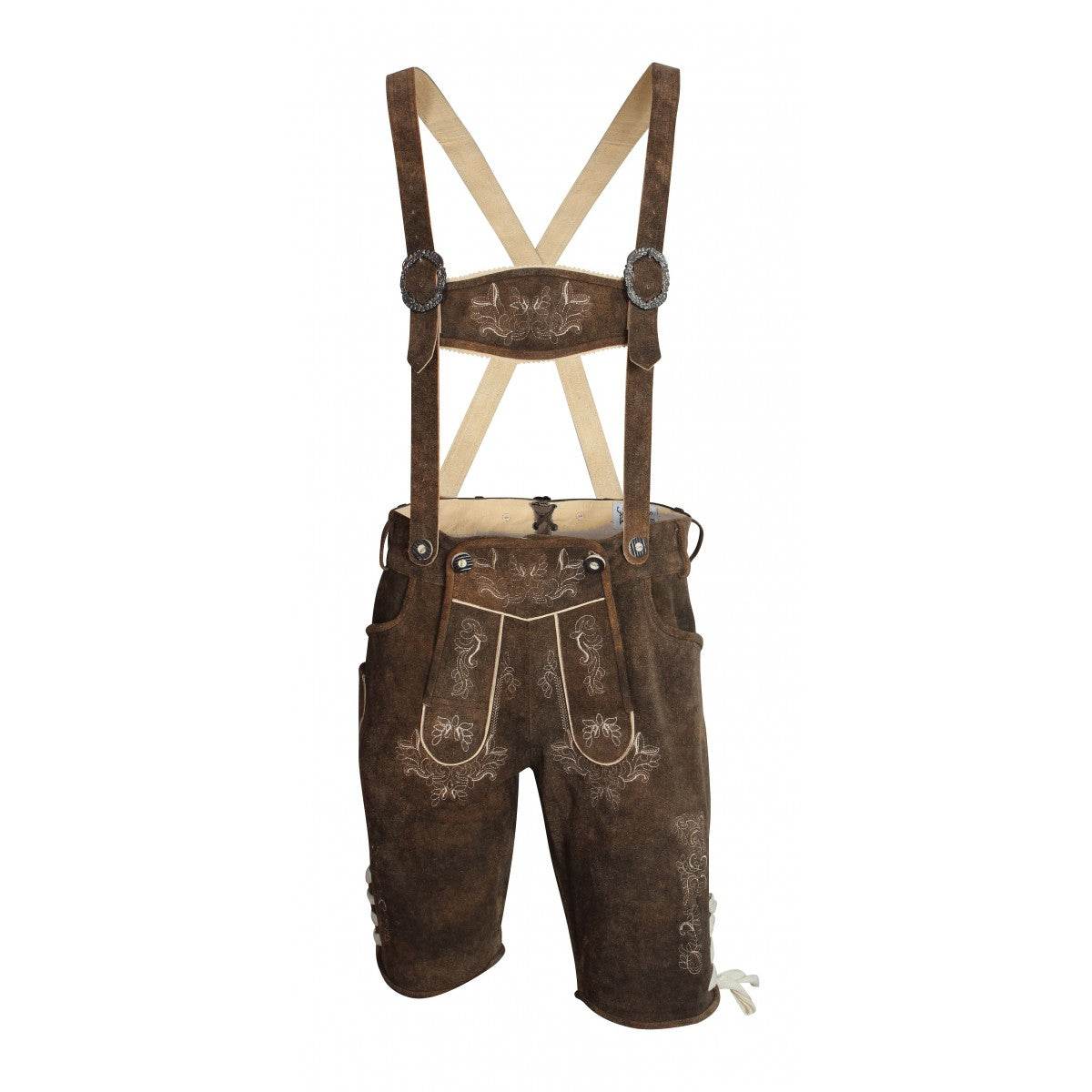 Brown leather lederhosen with embroidered trim and leather suspenders