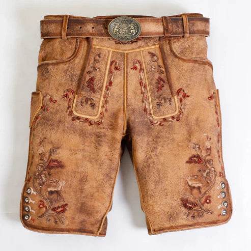 Rindlederhose Kurze Herren im Trachtenstil mit Latzverzierung - Lederhose Herren