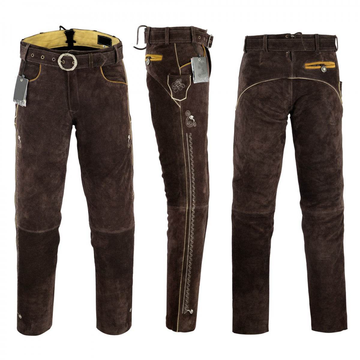 Brown leather short lederhosen with embroidery details and clip-on suspenders