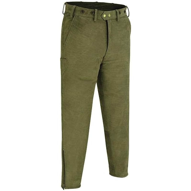 Men's green leather lederhosen with button waistband, leg zipper, and side pockets