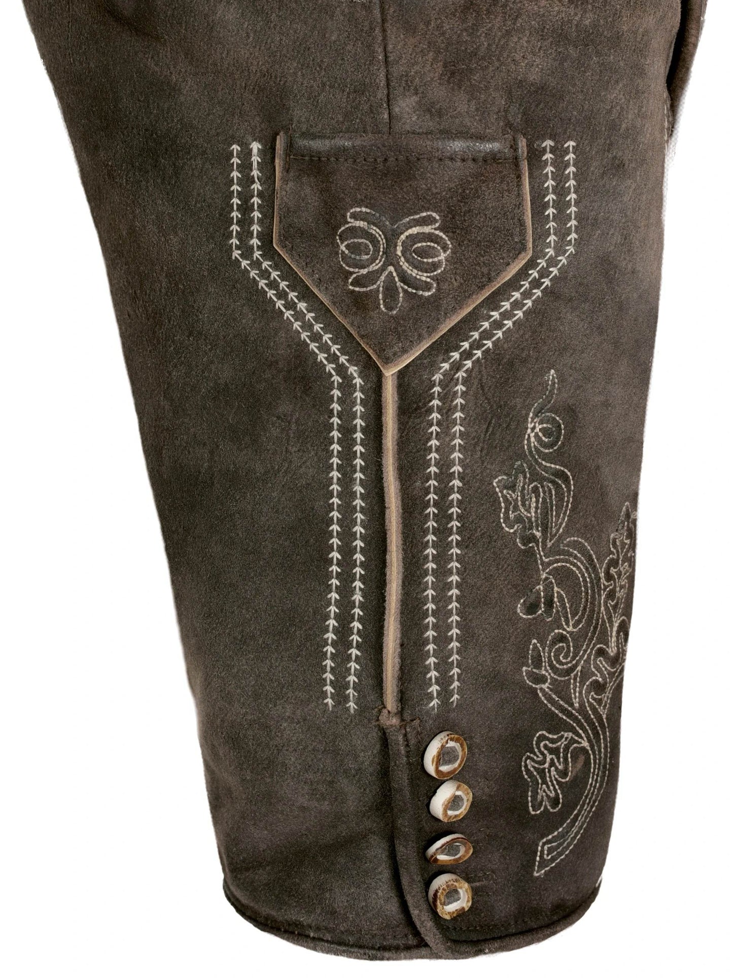 Men's dark suede alpine shorts with vertical embroidery and metal button trim