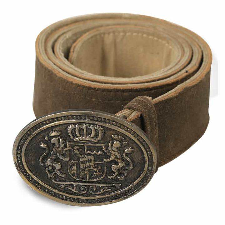 Men's brown leather belt, ornate oval buckle with engraved crest