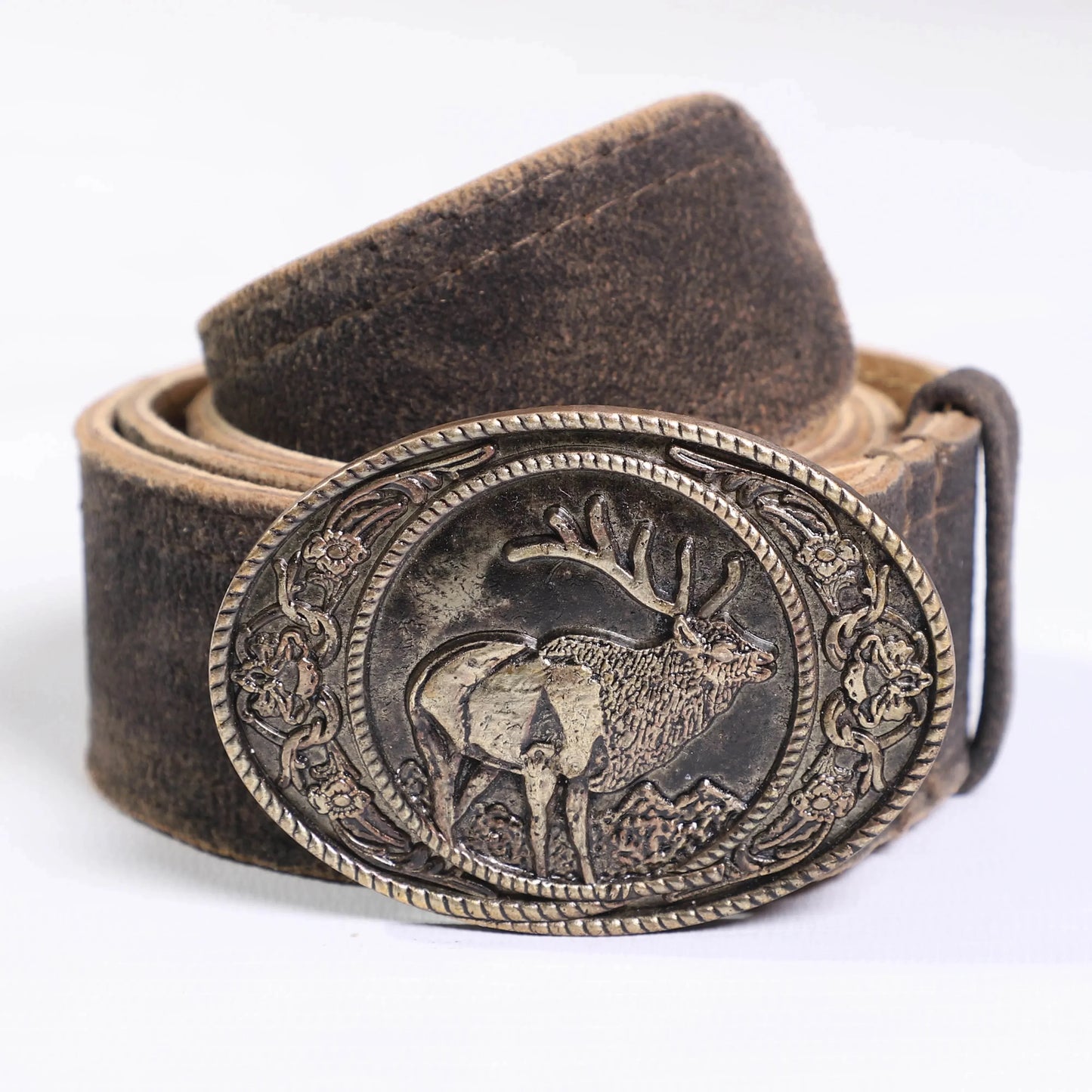 Men's dark-brown leather tracht belt, close-up ornate buckle with deer motif