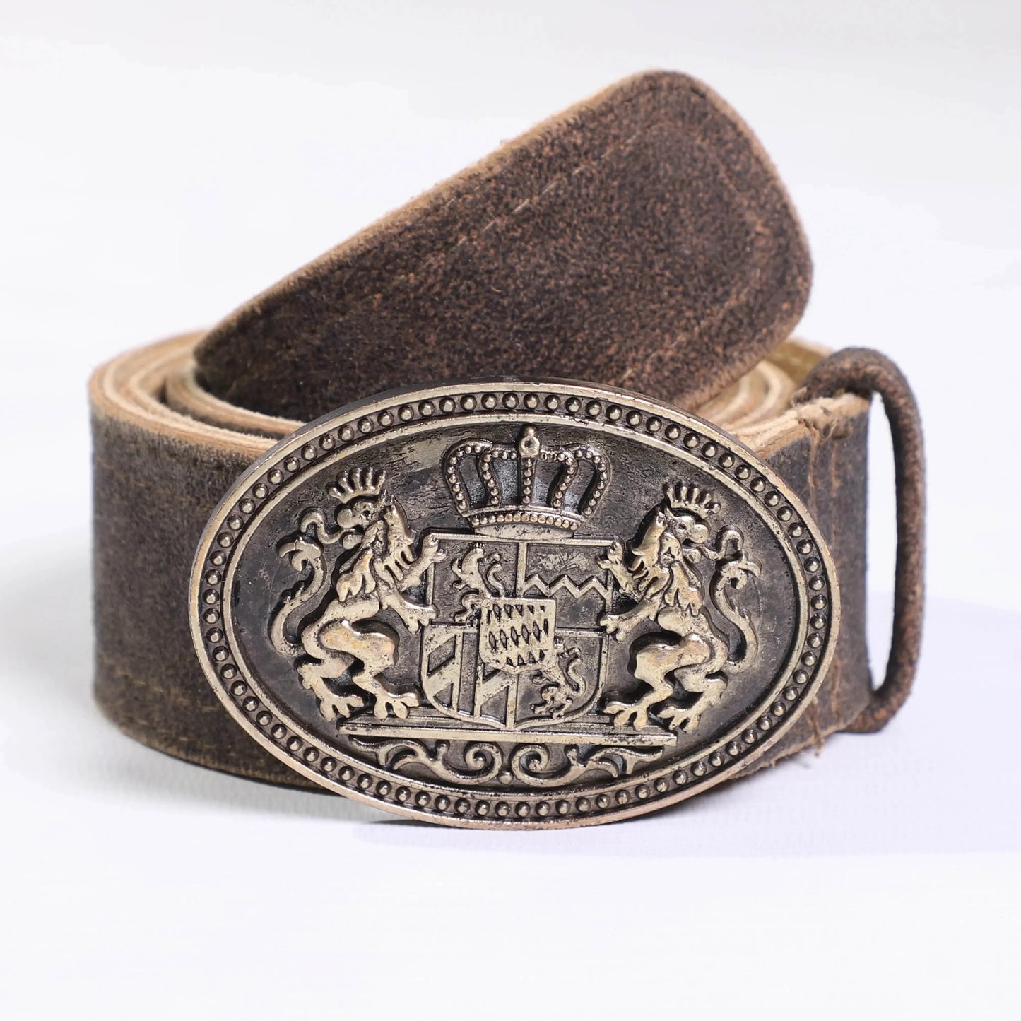 Men's cowhide leather belt with oval engraved buckle and dark brown strap end