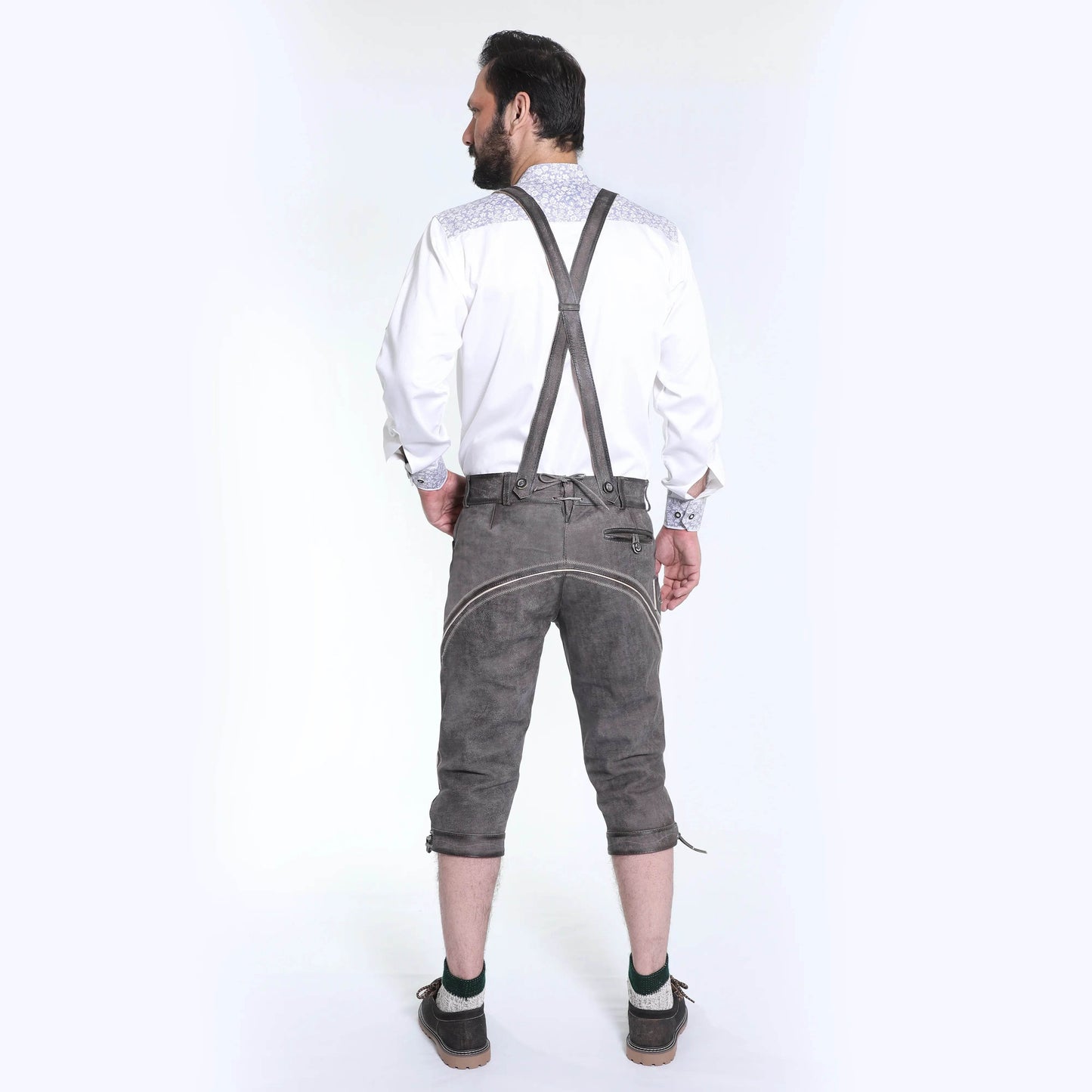 Men's gray lederhosen with suspenders and a plain back yoke panel