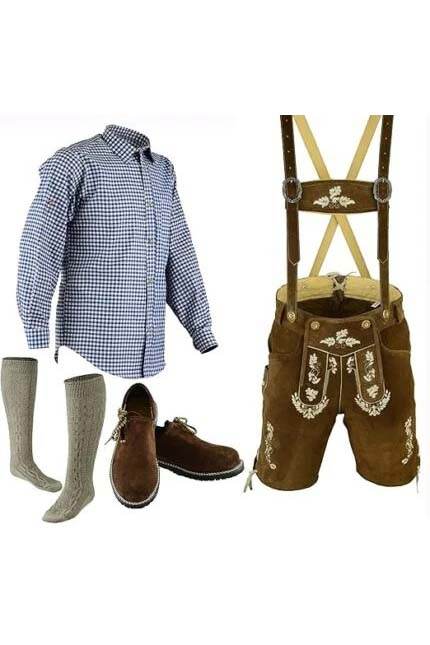 Classic checkered shirt and brown embroidered lederhosen set