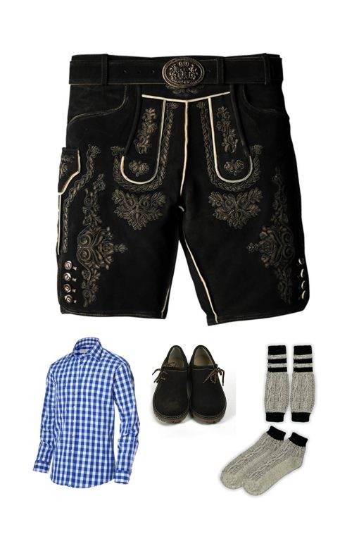 Men's traditional outfit set: black embroidered shorts, blue check shirt, dark shoes, gray socks