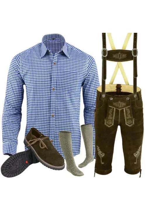 Complete leather lederhosen outfit set with blue check button shirt, brown shorts, shoes