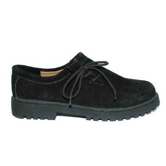 Black suede lace-up Trachten shoes, side view with low heel and tread sole.