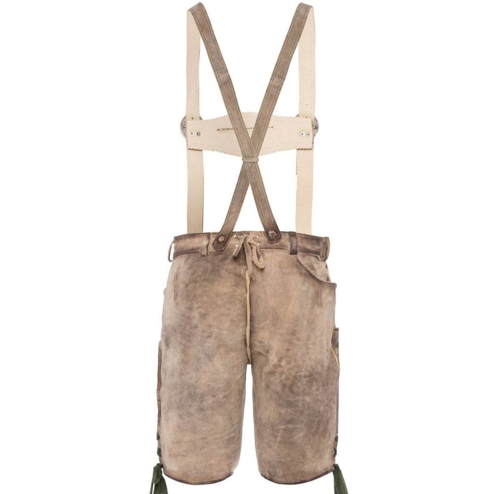 Men's leather lederhosen with crossed suspenders, tie front, short length