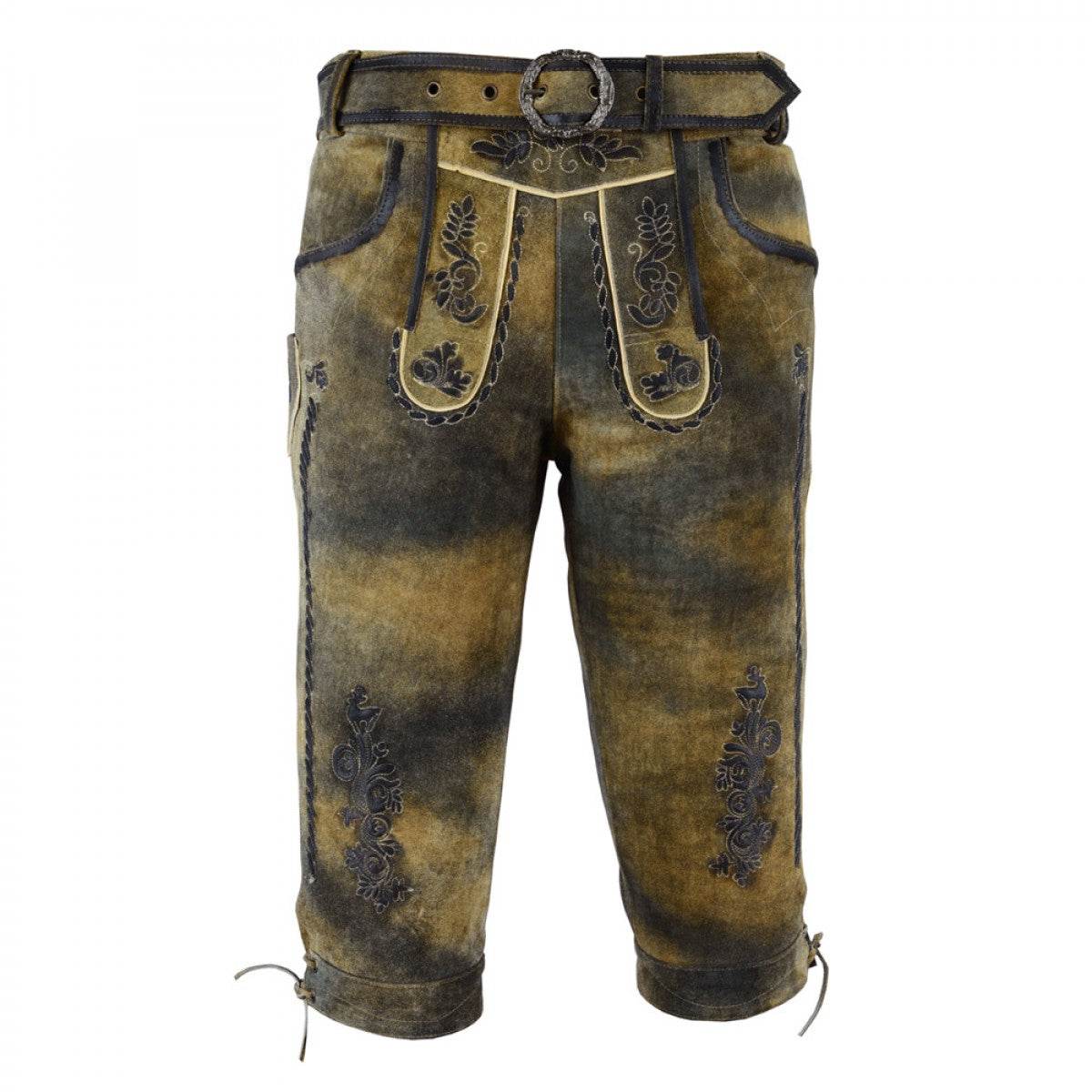 Men's front lederhosen in dark olive-brown with ornate thigh embroidery and leather belt