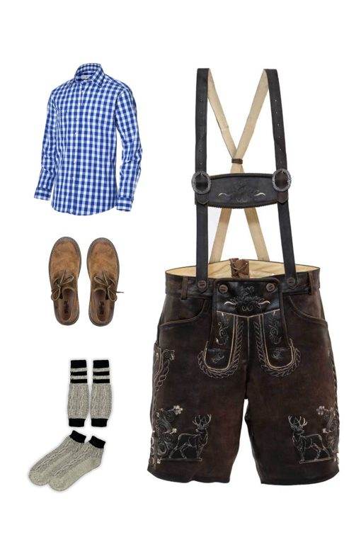 Men's traditional lederhosen set with blue check shirt, dark brown leather shorts