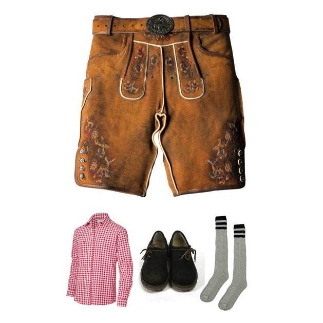 Oktoberfest outfit set with brown leather lederhosen, red check shirt, black shoes, striped socks