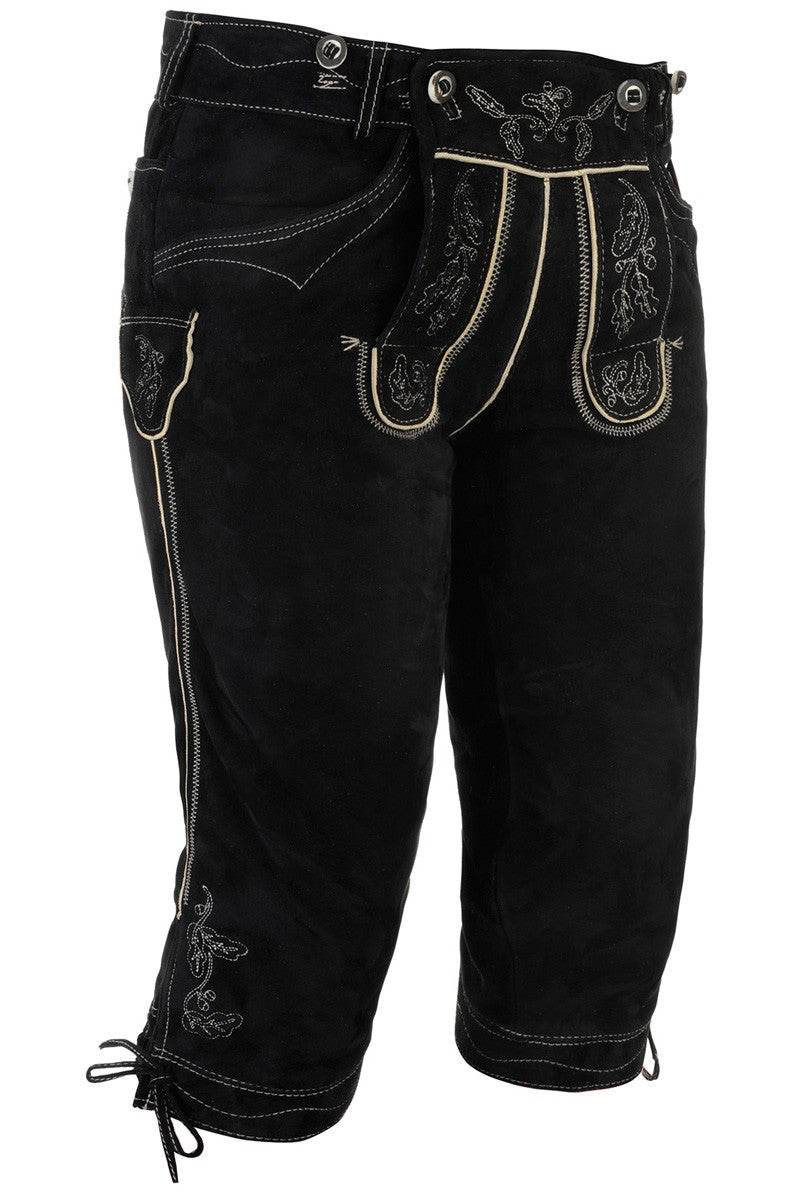Men's black leather lederhosen with ornate panel embroidery and side tie cuffs