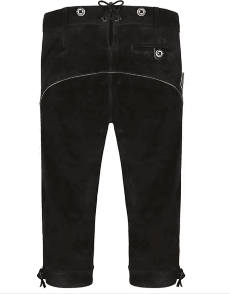 Men's black lederhosen with metal button back pocket and decorative stitching, knee-length.