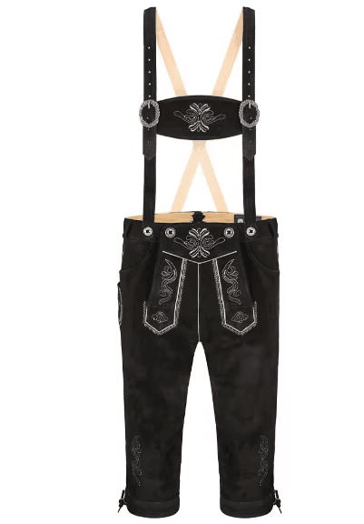 Men's black lederhosen with horn buttons, white embroidery, and suspenders.