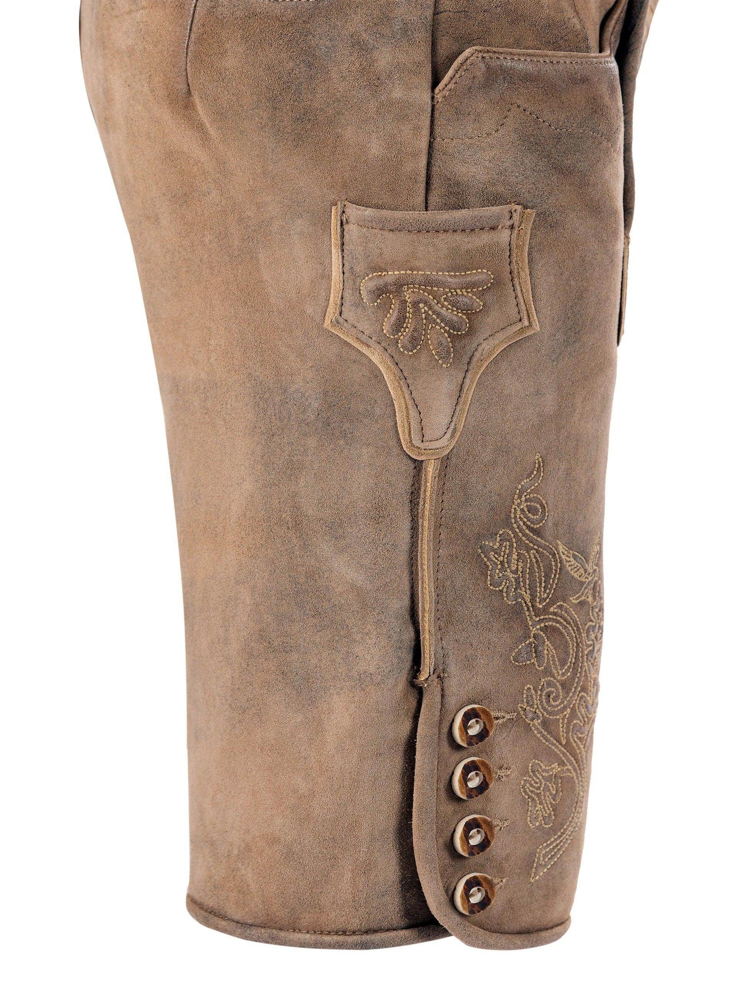 Men's leather lederhosen shorts close-up with front fly buttons and pocket embroidery