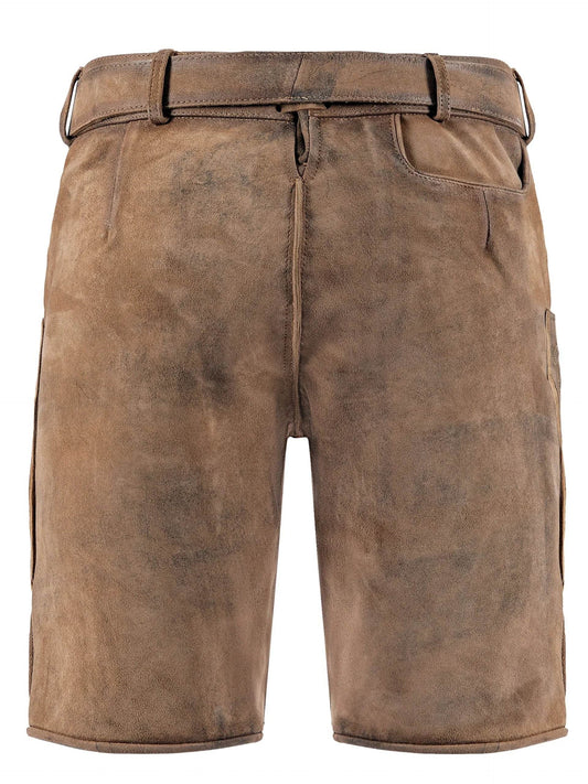 Men's leather lederhosen shorts, back view, with belt loops and side hem tabs
