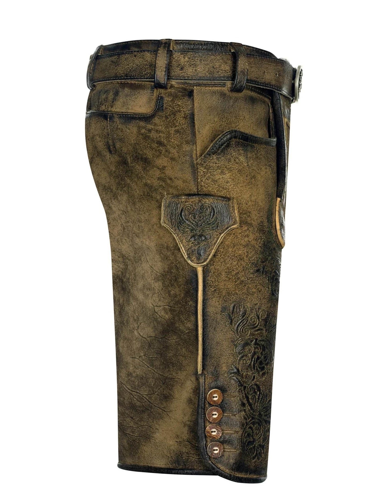 Men's lederhosen shorts with ornate pocket flaps and button trim on dark olive brown
