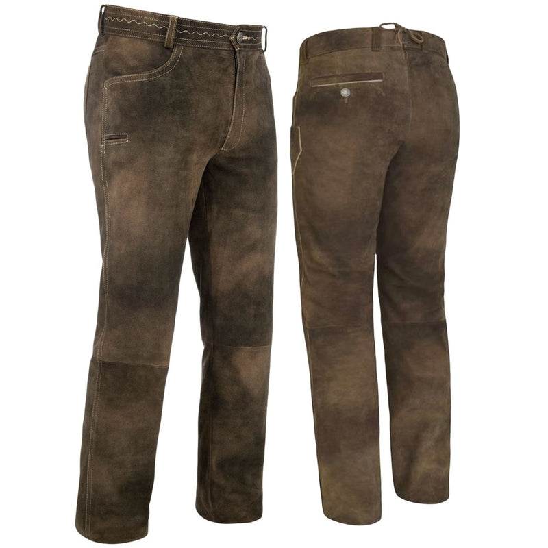 Pair of men's brown leather trousers, front and back views