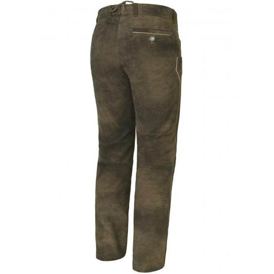 Men's brown leather trousers with belt loops, back view