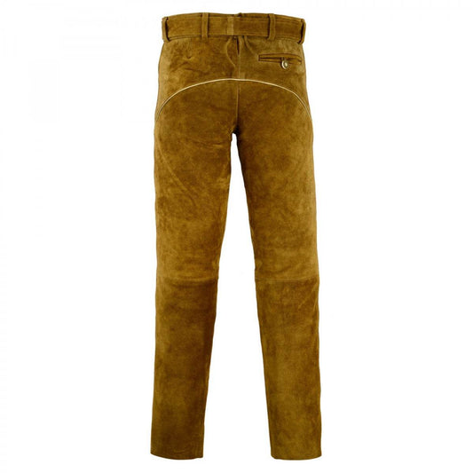 Men's brown suede leather lederhosen with belt loops, back yoke, button closure