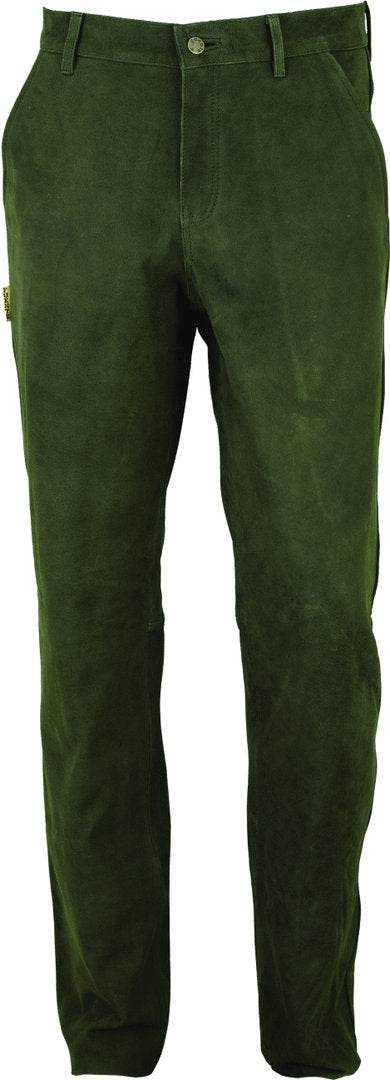 Classic green lederhosen for men, straight legs and waistband with buttons.
