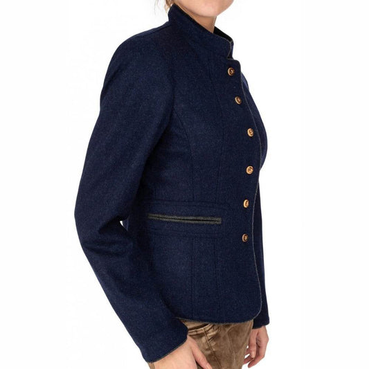 Women's dark blue wool trachten jacket with gold-button front, stand collar, flap pockets