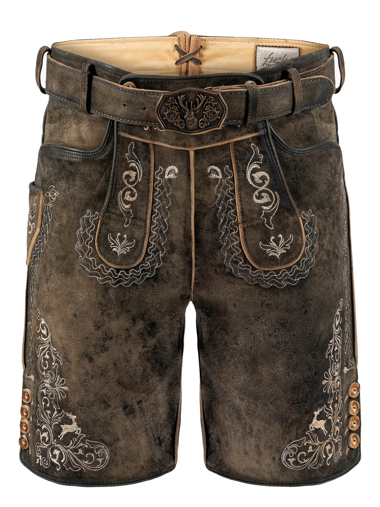 Embroidered dark brown leather lederhosen shorts with ornate pocket panels and buckle belt