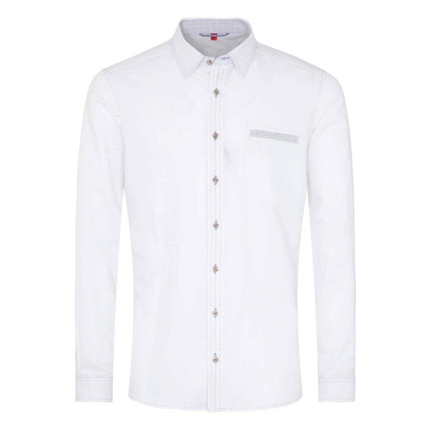 White traditional dress shirt with button placket, collar, and chest pocket