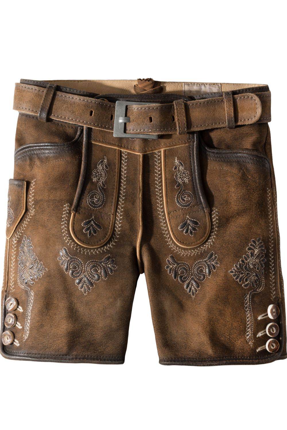 Men's brown leather short lederhosen with decorative front panels and metal belt buckle