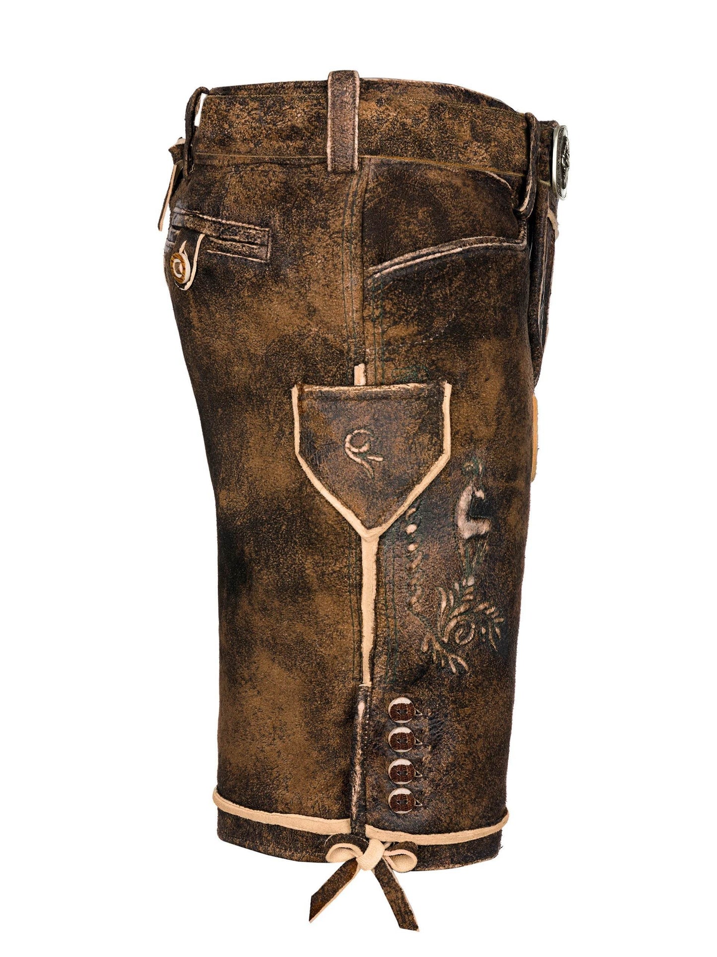 Men's brown lederhosen shorts back view with shield patch, decorative stitching, and tie