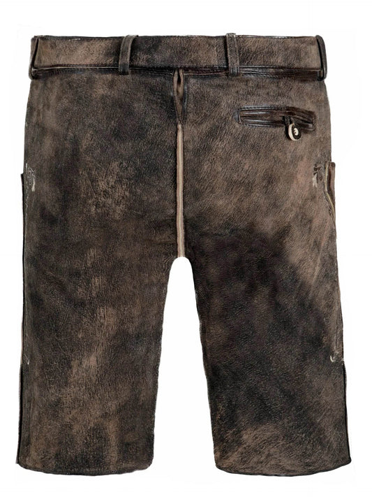 Dark brown traditional lederhosen with belt loops, back seam, and stitched pocket flap