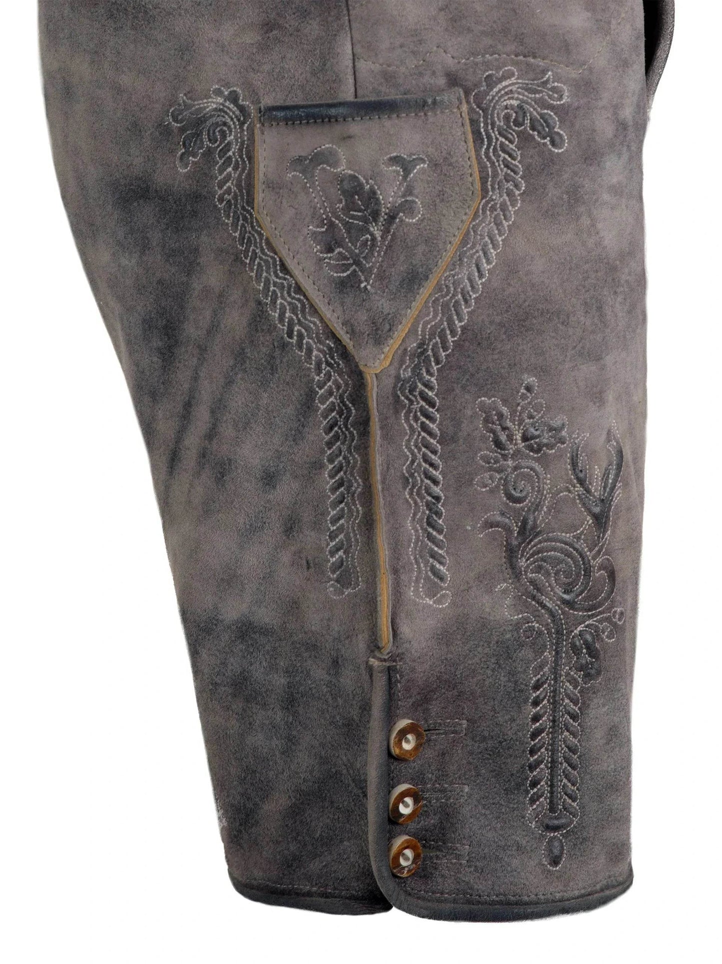 Dark gray leather lederhosen close-up with ornate chest embroidery and three button placket