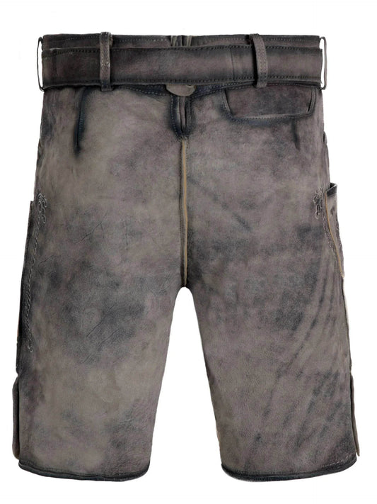 Dark gray leather lederhosen with waistband belt loops, seams, and patch pocket flaps