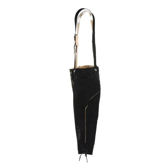 Black leather lederhosen with side seam straps and dangling lacing at hem