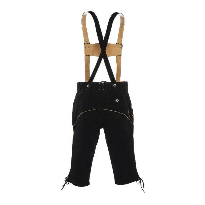 Black leather lederhosen with tan-and-black braces and decorative front yoke